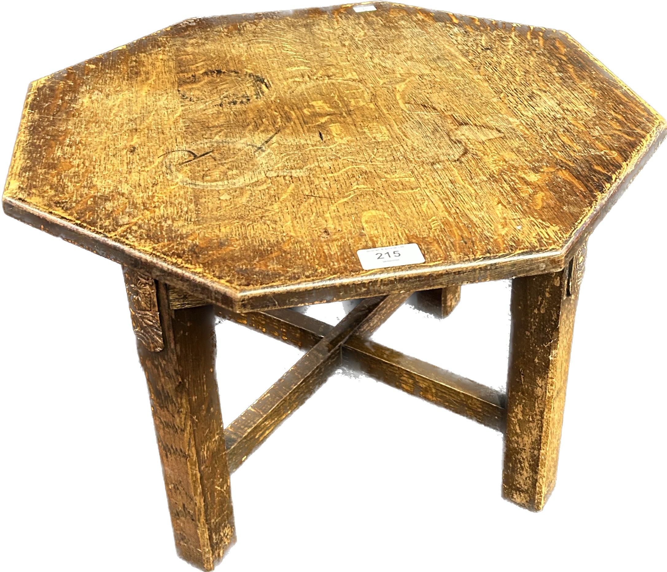 Antique oak octagonal table raised on blocked carved legs supported by a stretcher. - Image 3 of 3