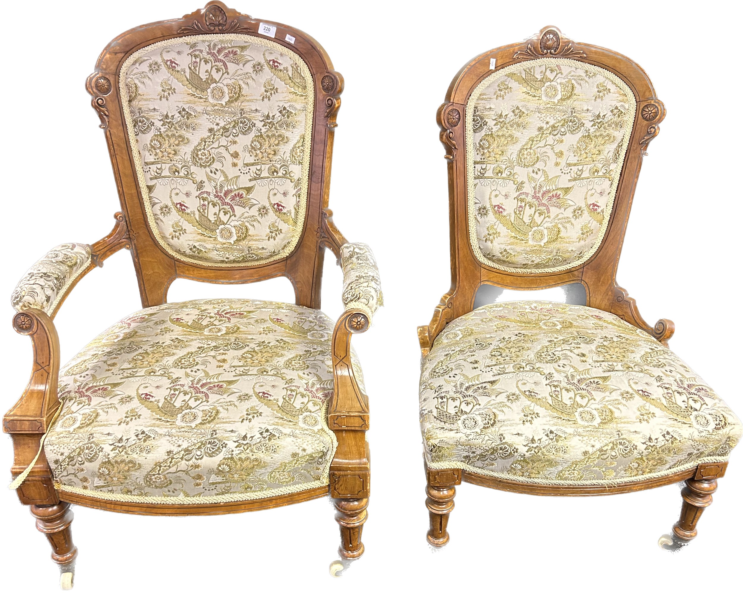 Victorian walnut his and her chairs covered in a needlework upholstery, raised on turned legs ending - Bild 2 aus 5