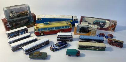 Collection of vintage model; to include a model of blue flier diesel loco, tin plate bus & boxed