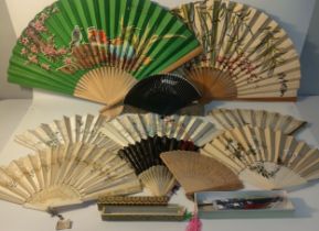 Collection of oriental fans with hand painted bird & flower scenes