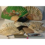 Collection of oriental fans with hand painted bird & flower scenes