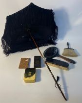 19th century ladies parasol, dressing table mirror with brush set, brass novelty card holder &
