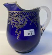 Antique cobalt blue silver overlaid water jug [20cm]