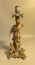 20th century Dresden porcelain barefoot maiden & cherub candle stick [28cm]