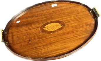 Edwardian tray with scallop edge, brass handles and shell inlay. [60x40cm]