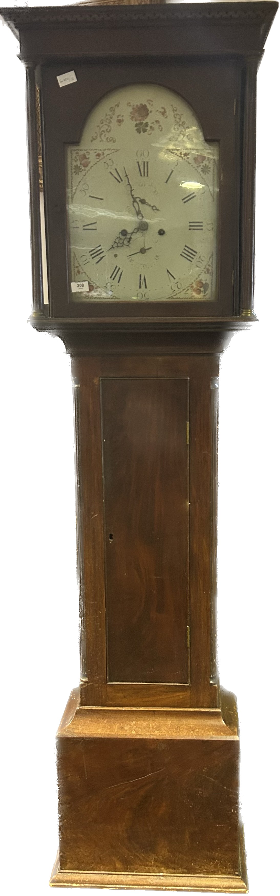 19th century mahogany cased grandfather clock, the enamel face with hand painted design