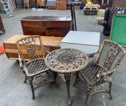 A vintage radiogram cabinet, mirrored back sideboard together with plastic garden table and chairs