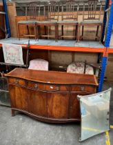 A Rack of furniture; Mahogany sideboard, Two vintage button back chairs, Four dining chairs, Mid
