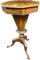 19th Century mahogany/walnut octagonal sewing box raised on tripod base. [72x43cm]