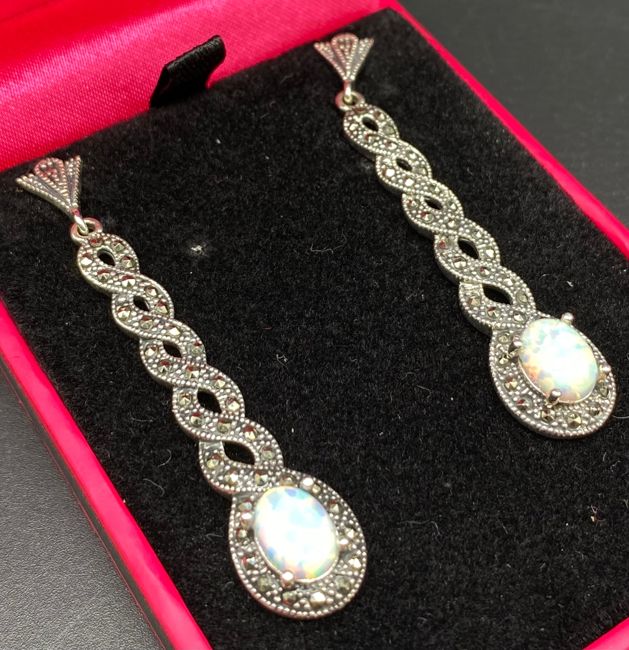 Pair of Silver art deco style drop earrings set with marcasite & opal - Image 3 of 3