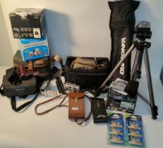 A Collection of cameras & handy cam; Antique folding bellows camera & Sony handy cam