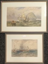 A pair of framed coloured prints ships at sea, unsigned. [47x70cm]