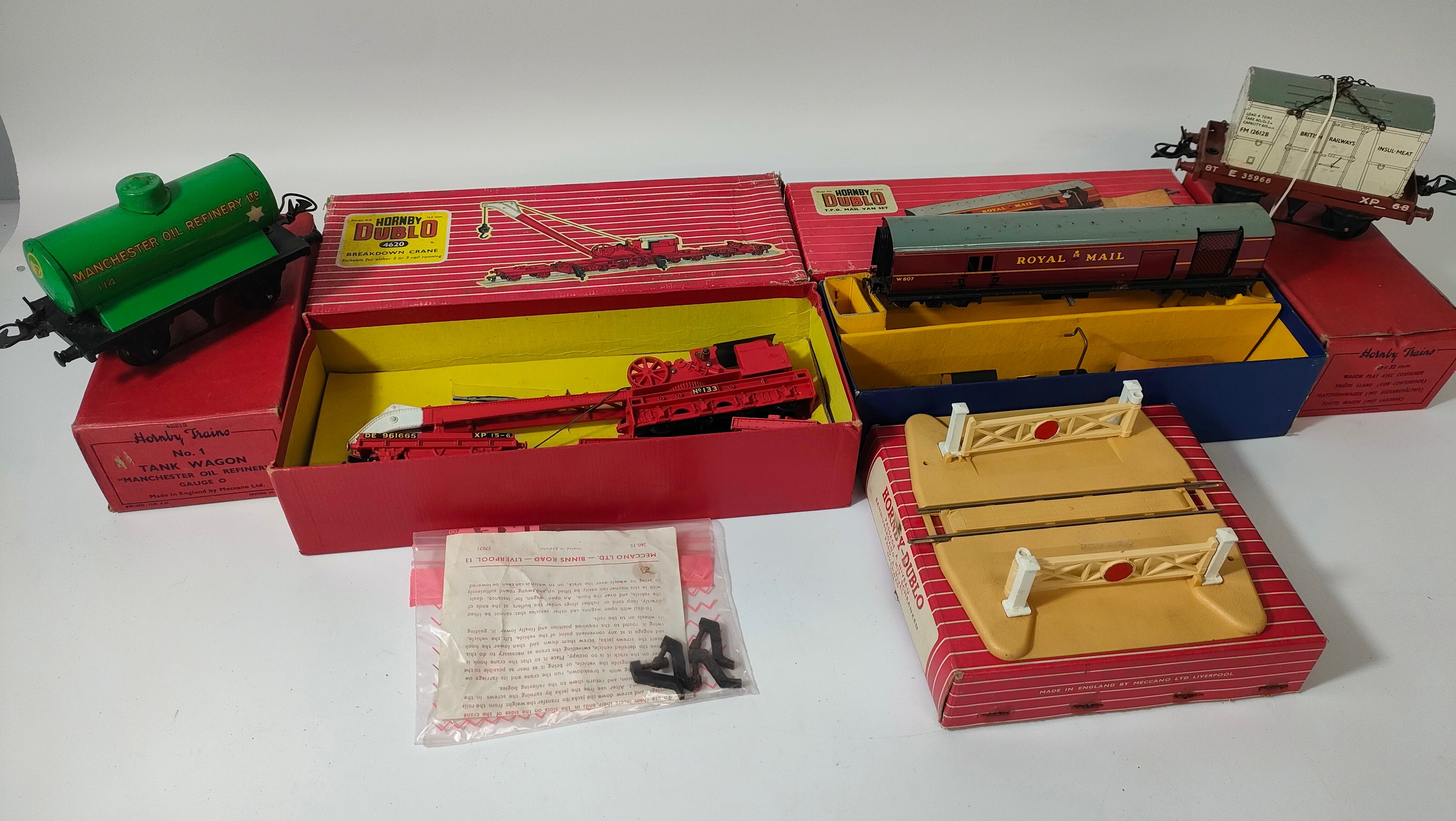 Hornby Dublo vehicles; tin plate Hornby wagons & crossing with boxes