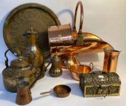 Antique copper ware water jugs, brass Indian wall charger & brass chest [43.5cm]