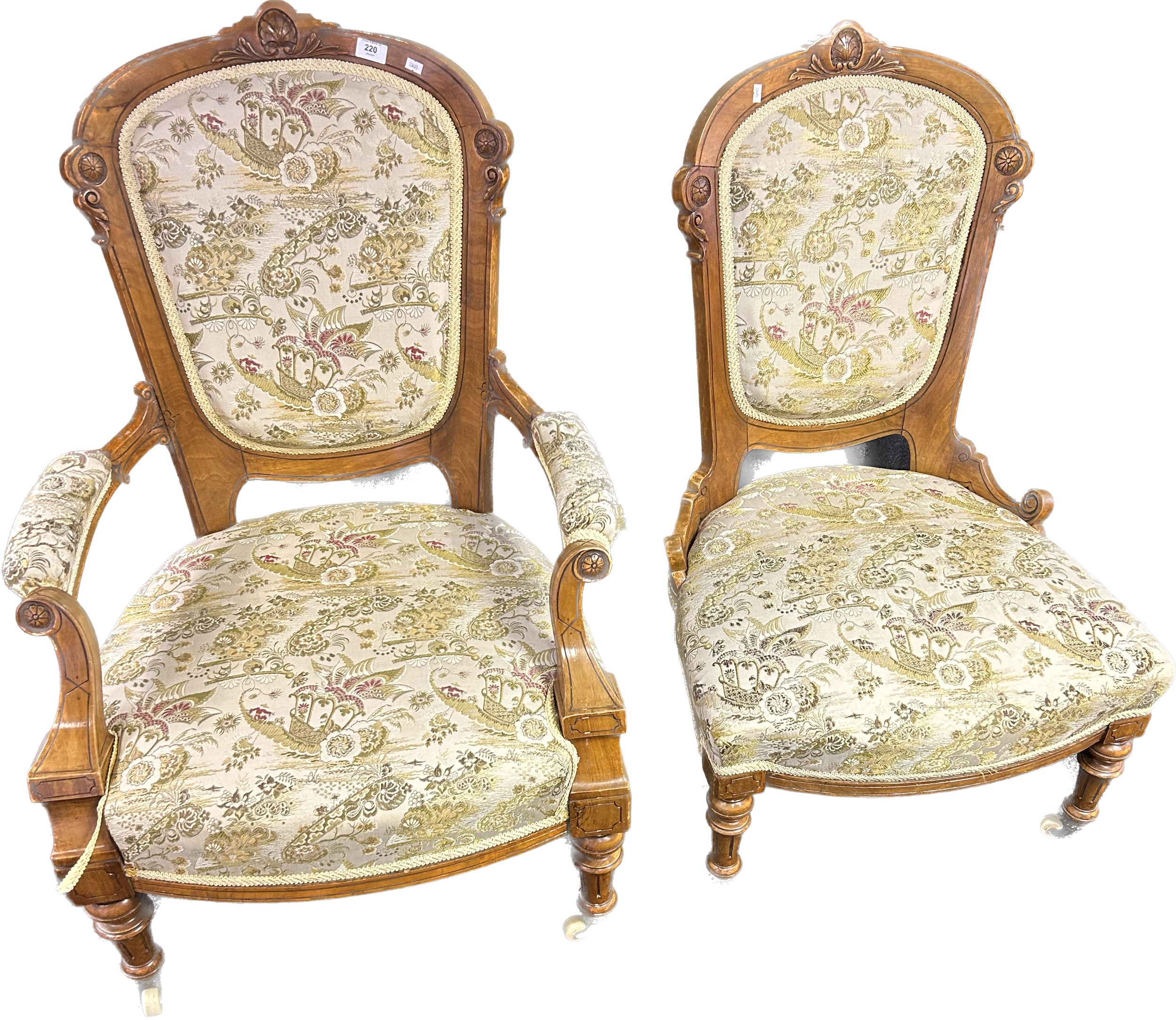 Victorian walnut his and her chairs covered in a needlework upholstery, raised on turned legs ending - Bild 3 aus 5