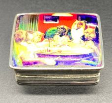 Silver pill box with enamel lid depicting dog