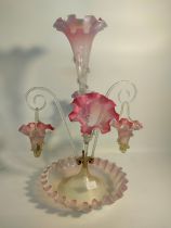 Large antique glass Epergne centre piece. Pink and opalescent spouts, two twist hanging canes. [54cm