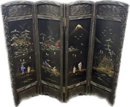 Oriental blackened four way screen with mother of pearl story panels [panel:89.5x27cm]