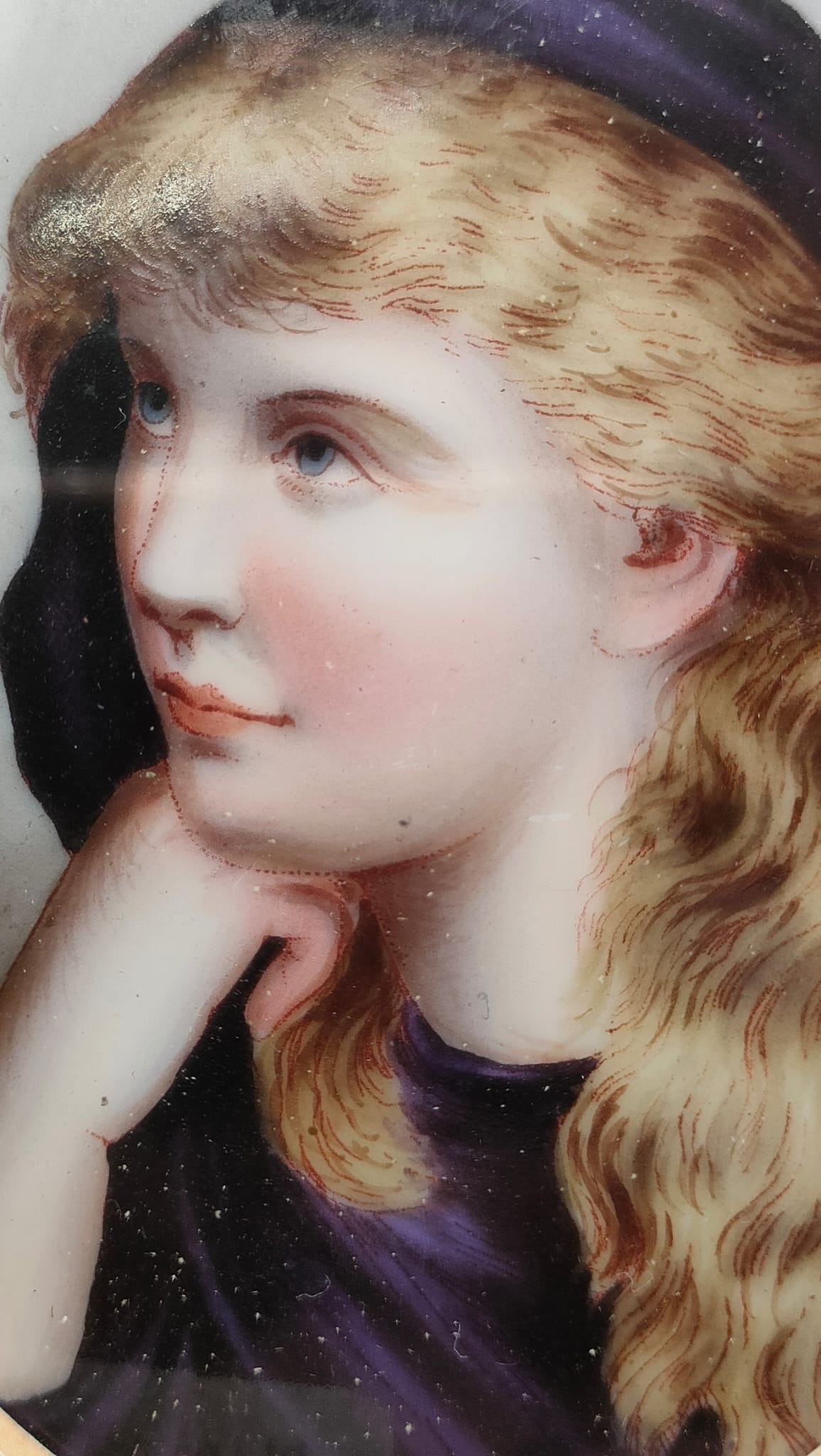19th century hand painted portrait on porcelain of a cloaked girl. Fitted within a small dark - Image 3 of 3