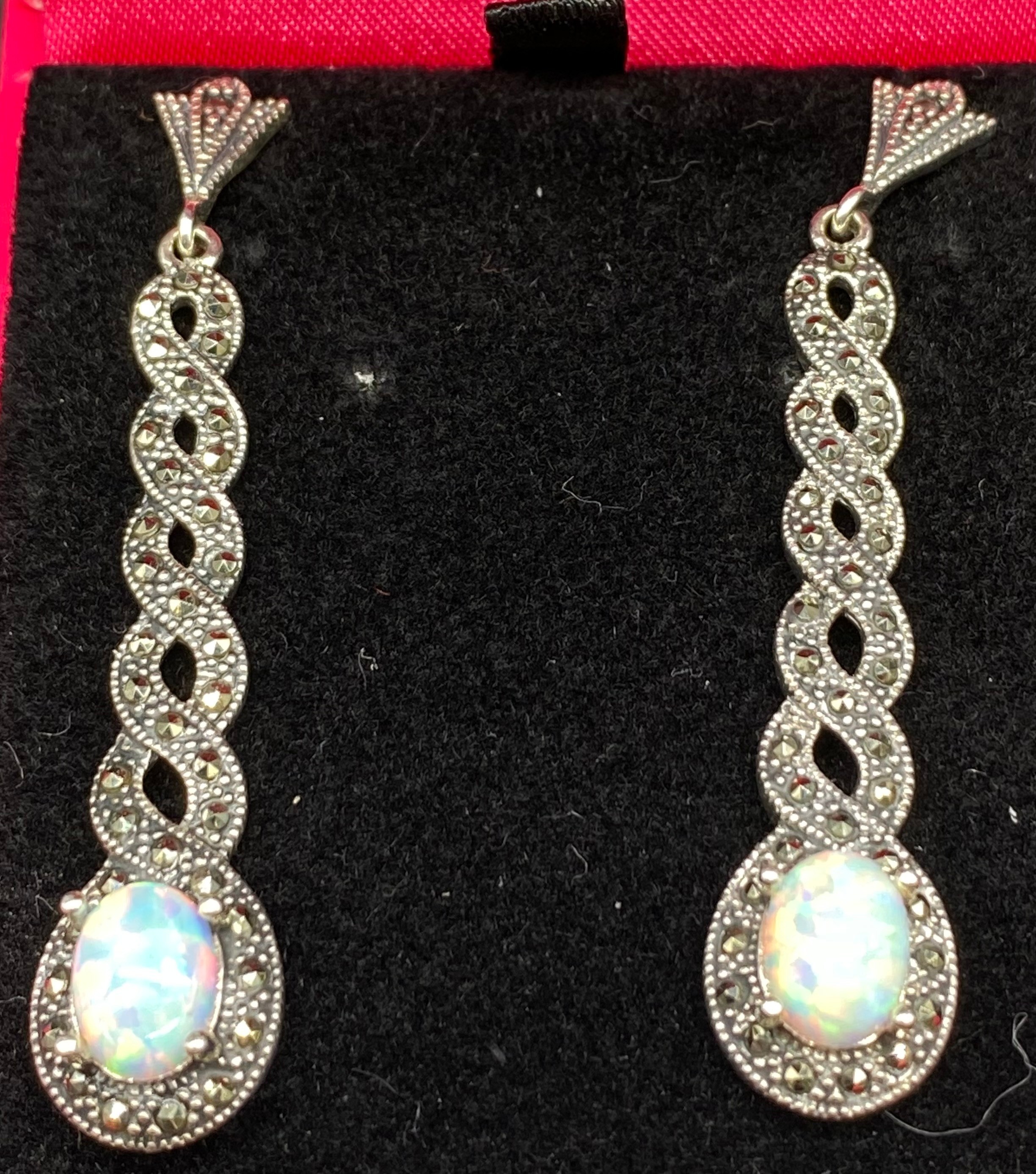 Pair of Silver art deco style drop earrings set with marcasite & opal - Image 2 of 3