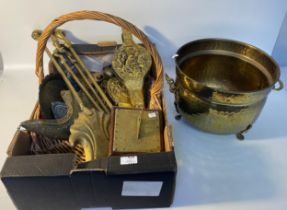 Large brass coal bin, bellows & fire dogs items