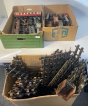 Box of tinplate train carriages & box of tinplate train wagons together with a box of rail track