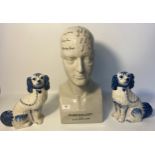 Vintage ceramic Phrenology head together with a pair of Staffordshire wally dugs [42cm]