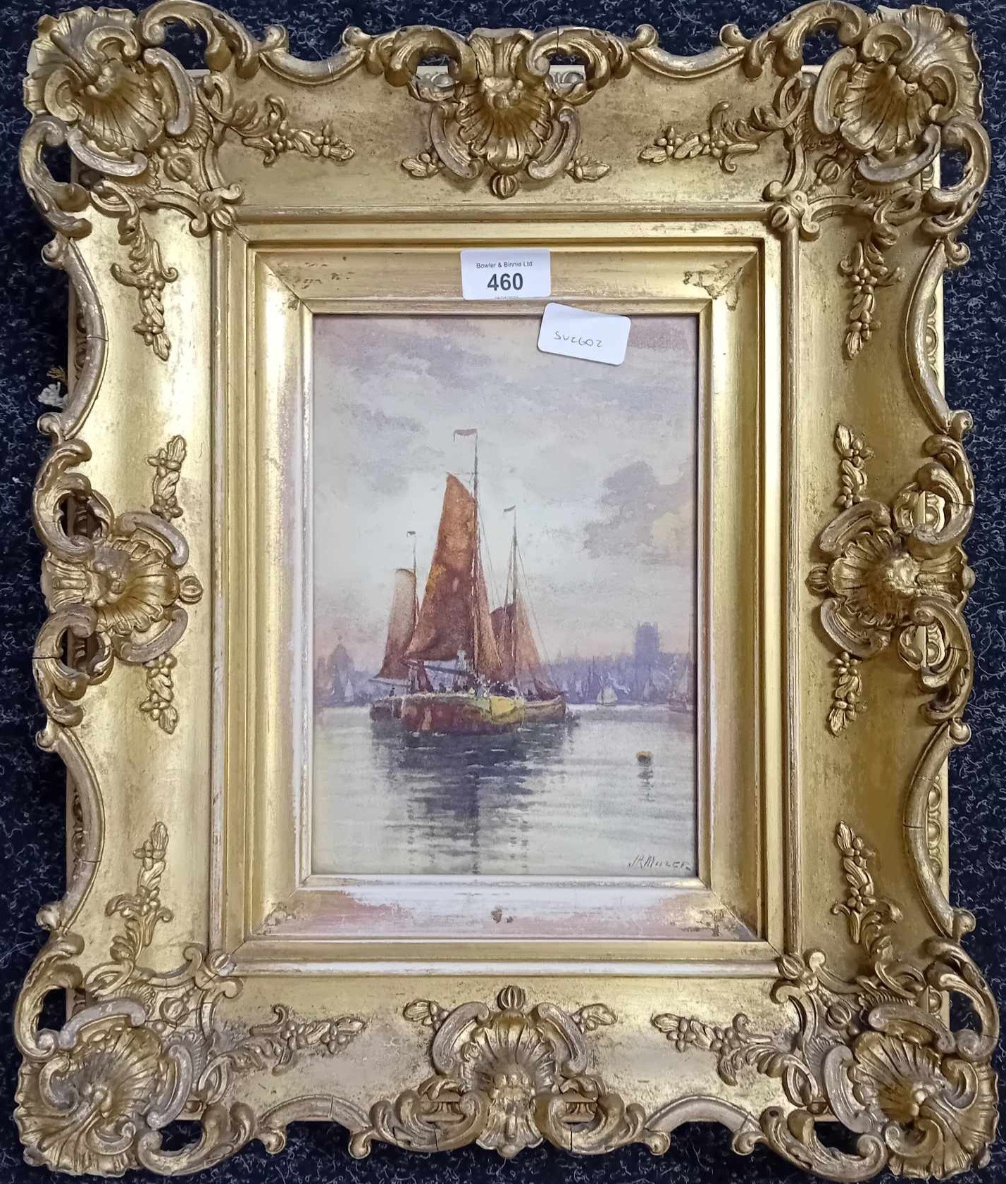 J. R Miller [1880-1912] Watercolour ''Evening at Dordrecht'', signed within a ornate gilt frame. [ - Image 2 of 4