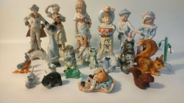 Selection of collectables porcelain figures; Beswick Mrs rabbit, Mrs moppet & continental figures