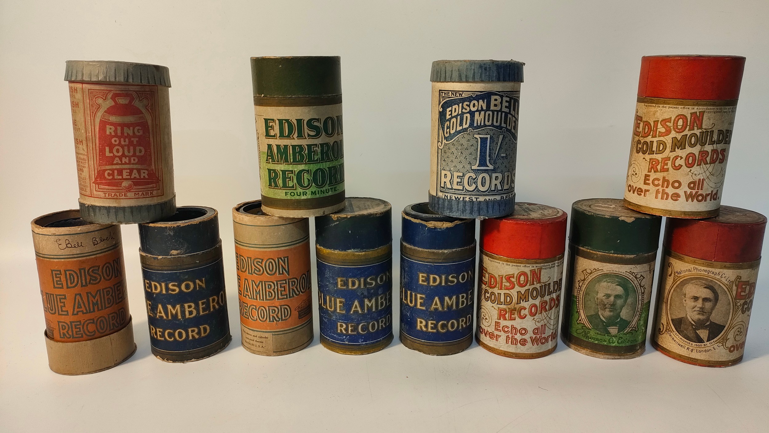 Twelve antique phonograph cylinders by Edison Amberol records
