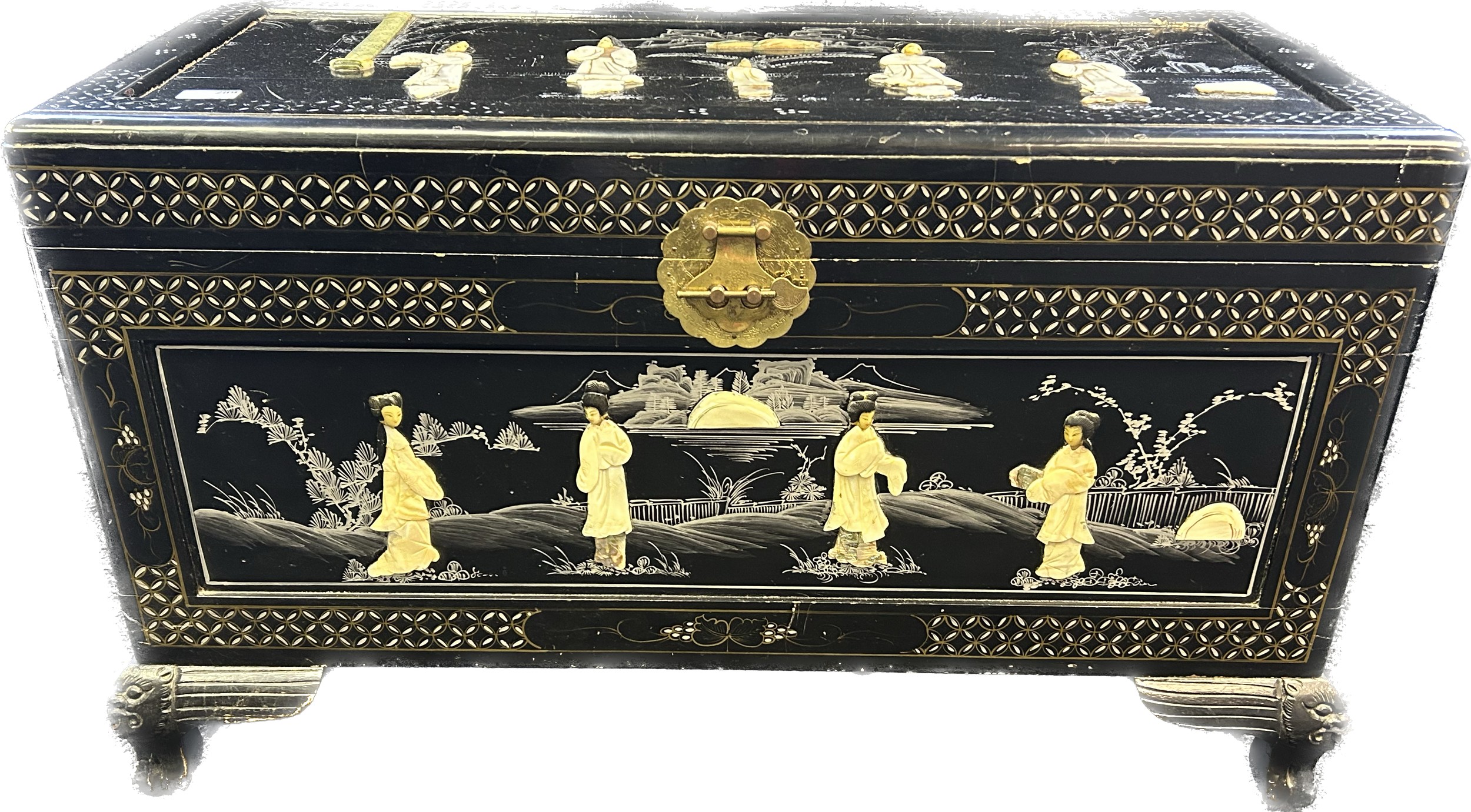 Oriental ebonised camphor coffer with mother of pearl inlay [52x90x43cm]
