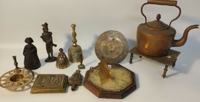 Collection of brass & copper ware; to include brass soldier figure, 2 ornate lady bells, sun