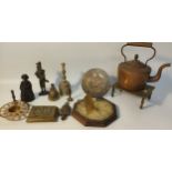 Collection of brass & copper ware; to include brass soldier figure, 2 ornate lady bells, sun