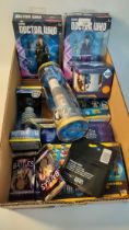 Box of new doctor who toys; 2 action figures, & collectable cards