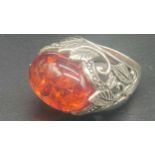 Silver Ring set with a large amber stone