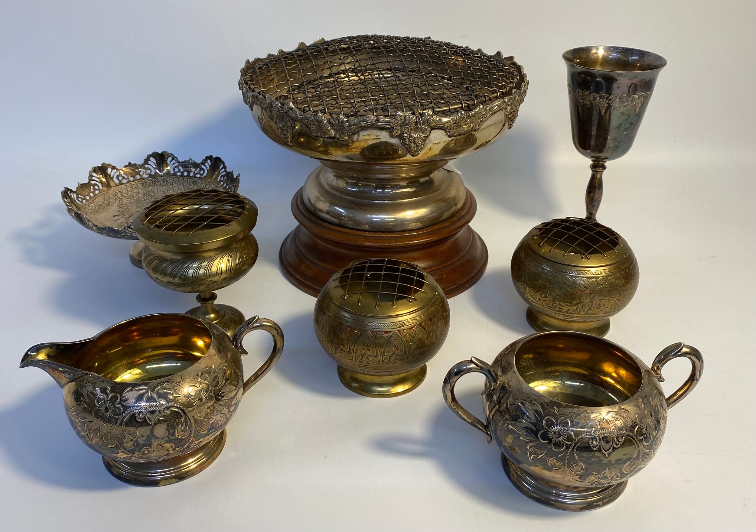 Silver plated large bowl on stand & brass incense burners