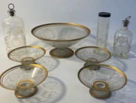 19th century etched glass ware; desert set with tazza & etched apothecary jars [23cm diameter tazza]