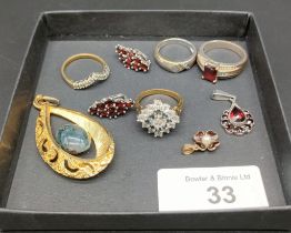 A Selection of costume and silver jewellery items; Pair of silver and garnet earrings and matching