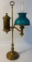 19th Century brass rise & fall oil lamp with fitted funnel with shade [56cm]