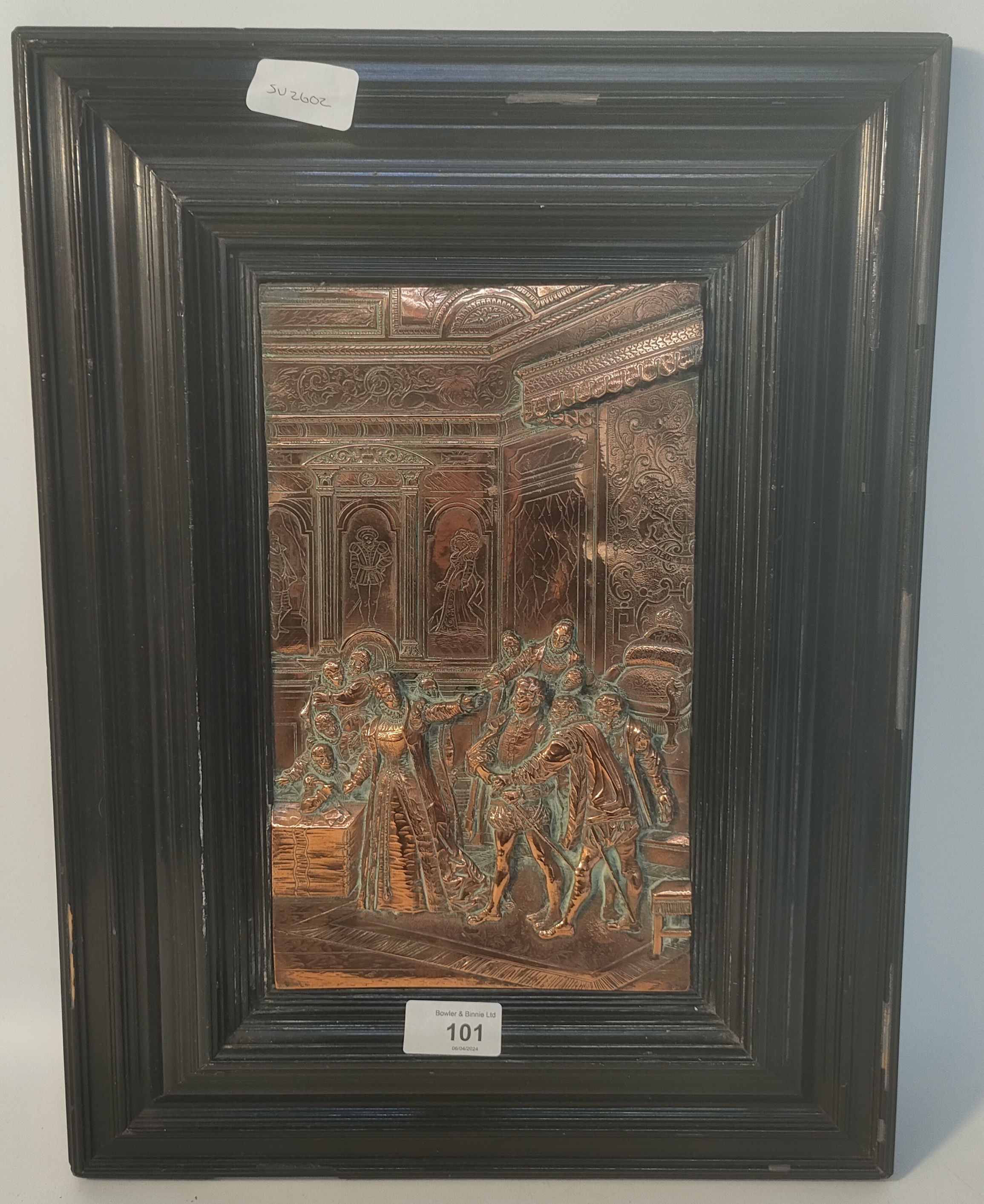 19th century copper relief of Queen Mary of Scots & swordsman set in blackened frame [34.5x45cm]