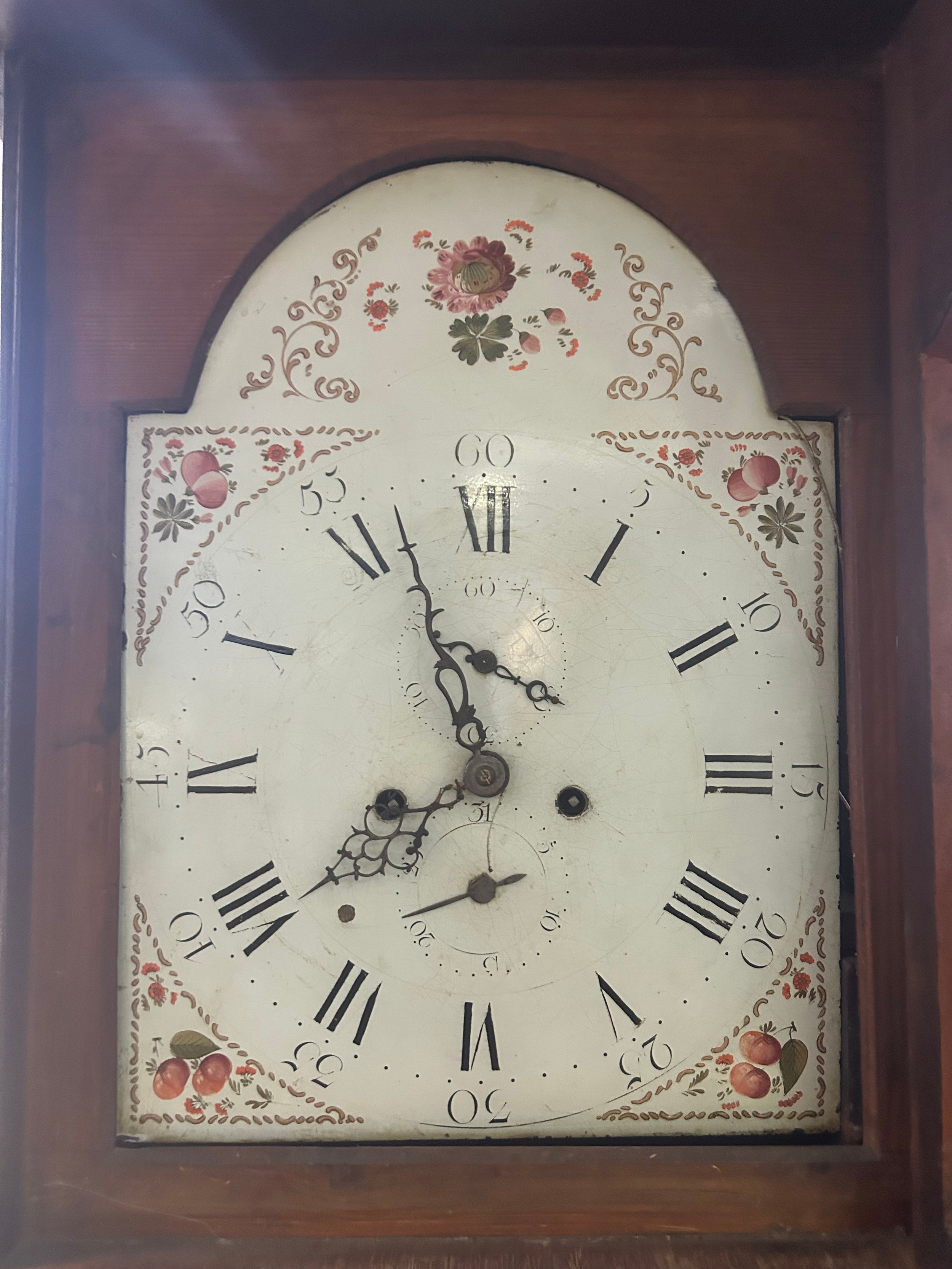19th century mahogany cased grandfather clock, the enamel face with hand painted design - Image 2 of 2