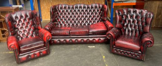 Chesterfield ox blood 3 seater sofa and 2 chairs [in need of a good clean and some renovation]