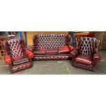 Chesterfield ox blood 3 seater sofa and 2 chairs [in need of a good clean and some renovation]