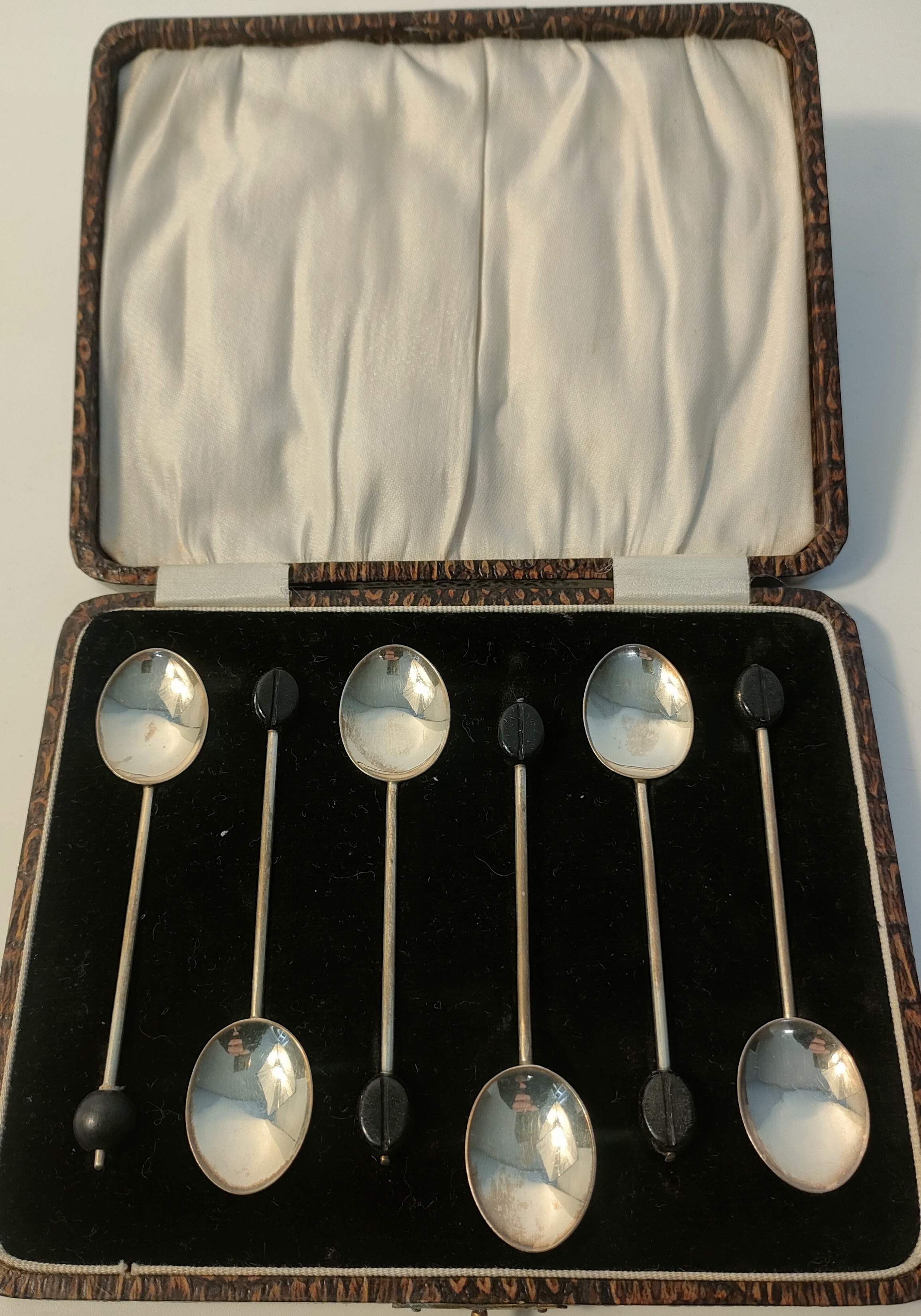 Boxed set of six Birmingham silver coffee bean spoons. Produced by William Sucking Ltd.