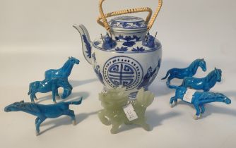 Blue & white saki tea pot & modern jade foo dog