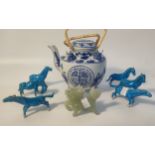 Blue & white saki tea pot & modern jade foo dog