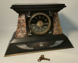 19th century french slate mantle clock with Egyptian bird scene with key & pendulum [38x24.5x17.5cm]