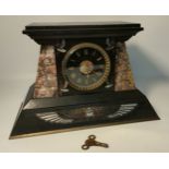 19th century french slate mantle clock with Egyptian bird scene with key & pendulum [38x24.5x17.5cm]