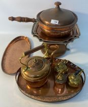 Antique copper wares; antique hot plate stove & copper kettles