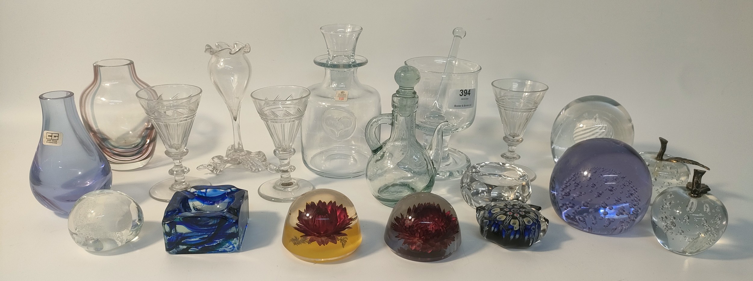 Collection of crystal & glass ware; Scottish John deacon paperweight, Holme guard decanter &